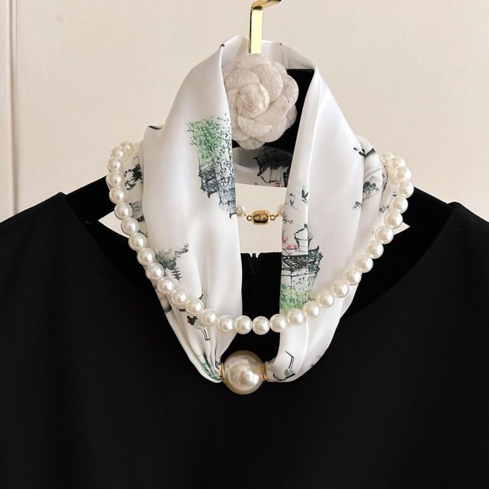 Magnetic Buckle Pearl Magnetic Clasp Scarf Thin Women's Shirt Necklace Elegant Silk Scarf  Women