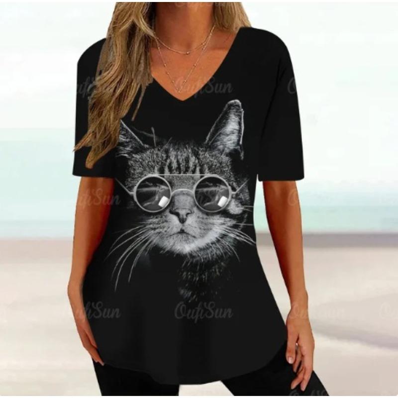 Summer V-neck 3D Cartoon Cat Printed Top Fashionable Casual Short Sleeved Women's T-shirts