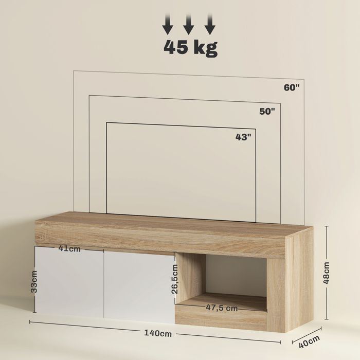 Meuble TV - HOMCOM - 2 portes à fermeture douce et compartiment ouvert - panneau de particules - 140x40x48cm - effet bois naturel