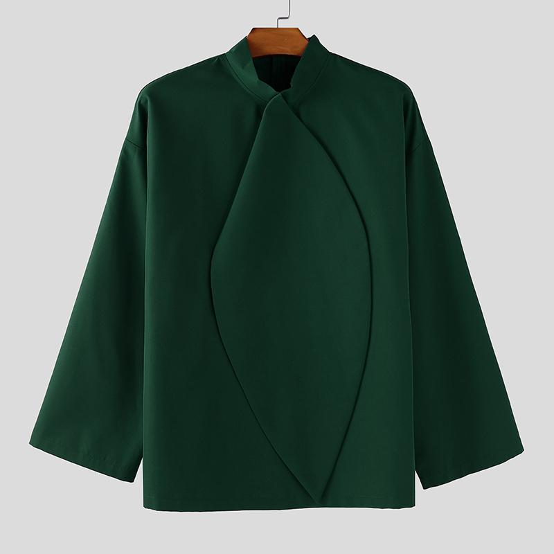 

INCERUN Мужские рубашки оверсайз с воротником-стойкой, завязками и длинным рукавом, повседневные, свободного кроя M зелёный