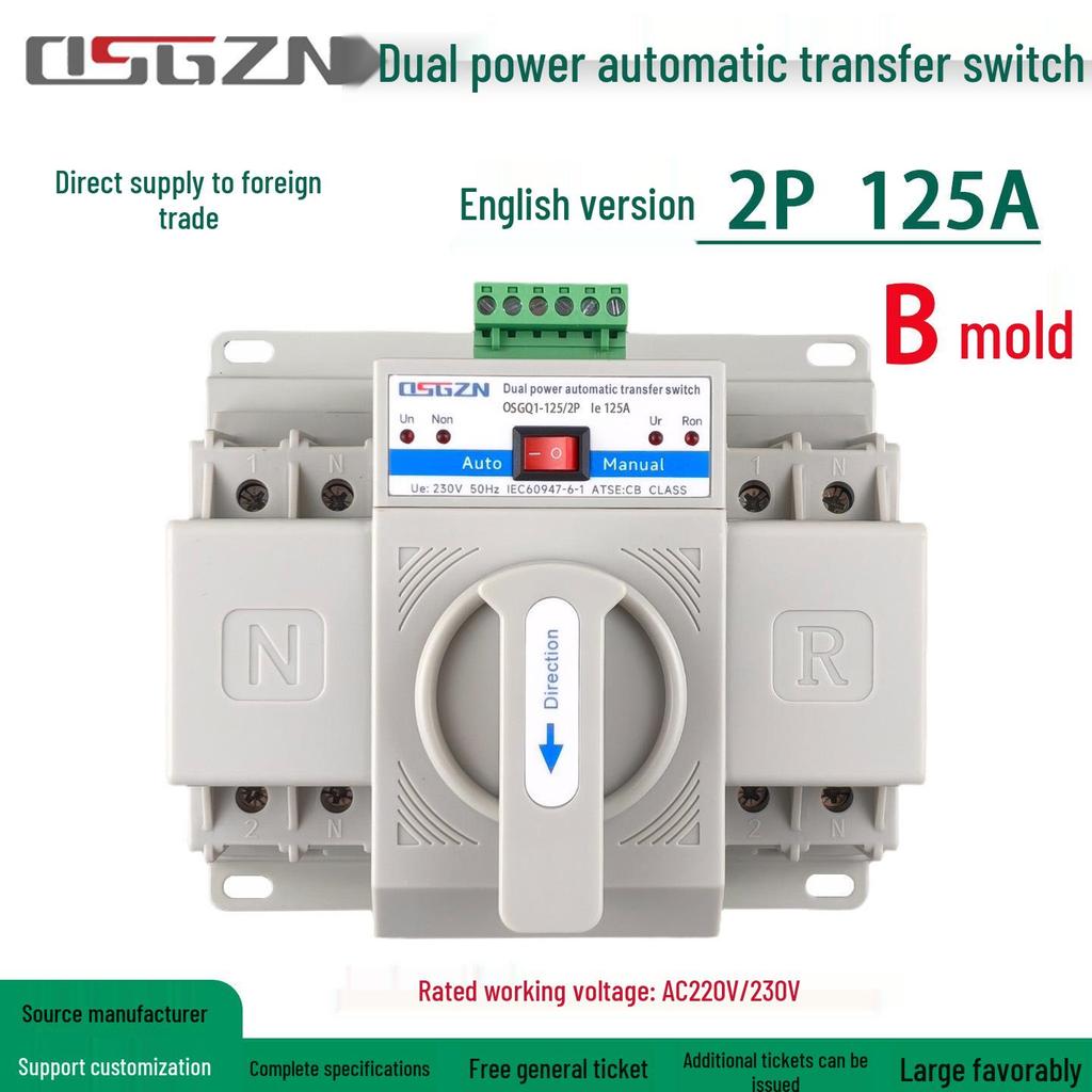 Dual Power Transfer Switch, 63A 2P, Automatic Switching for Household Backup