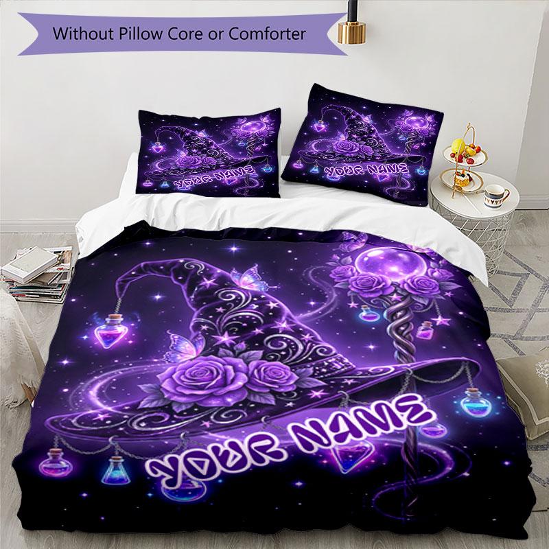 3pcs Custom Name Purple Magic Hat Bedding Set Printed Bedding Set Duvet Cover Closure Includes 1 Duvet Cover & 2 Pillowcases Bedroom Decor