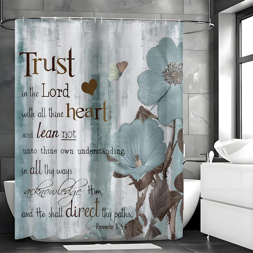 Blue Floral Butterfly Wooden Panel Bible Quote Shower Curtain, Bathroom Decorative Shower Curtain, Waterproof Shower Curtain wit