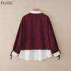 ZANZEA Women Casual Turn Down Collar Long Sleeve Loose Patchwork Blouse