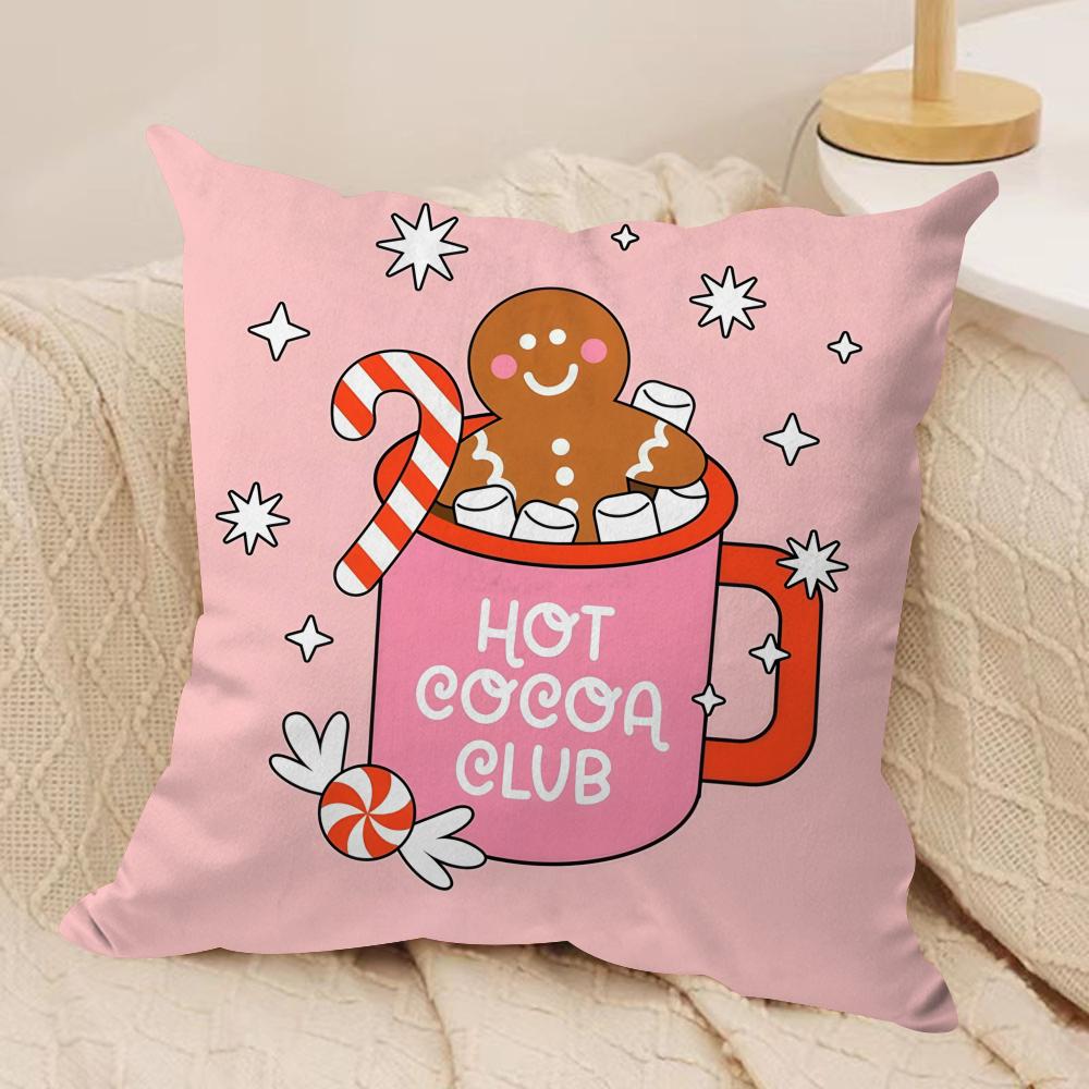Christmas Pink Gingerbread Cushion Cover Silky Short Plush Invisible Zipper Dustproof Sofa Pillow Case For Home Decor