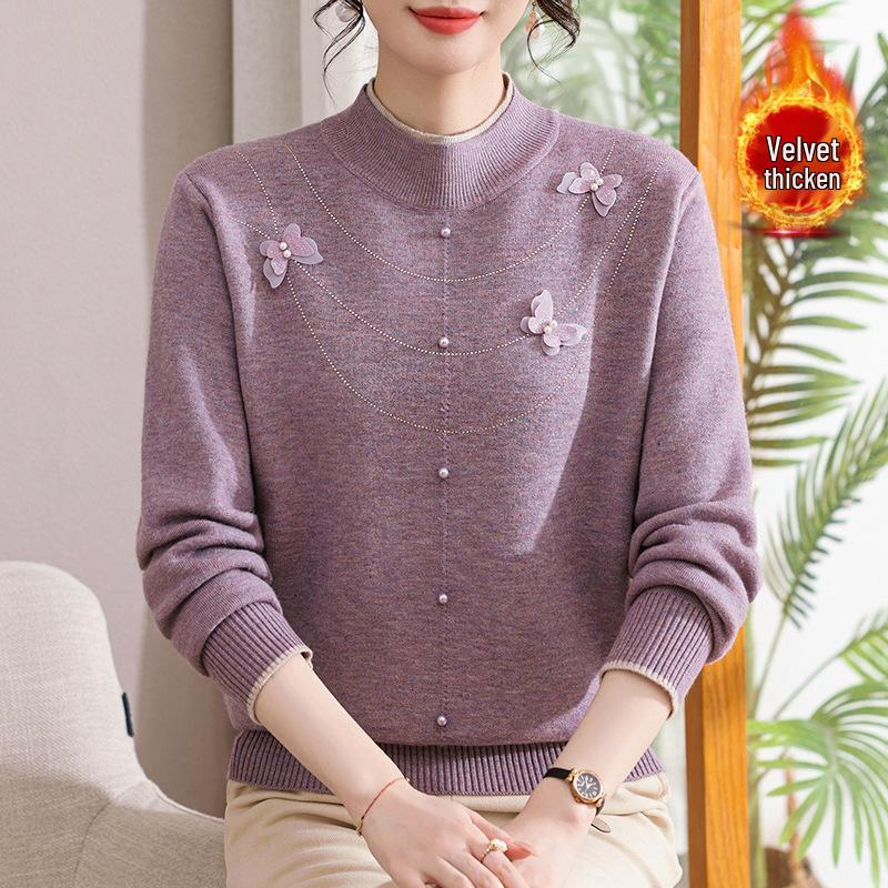 Middle-aged Women's Plus Velvet Knit Sweater: Warm, Loose Fit Base Layer