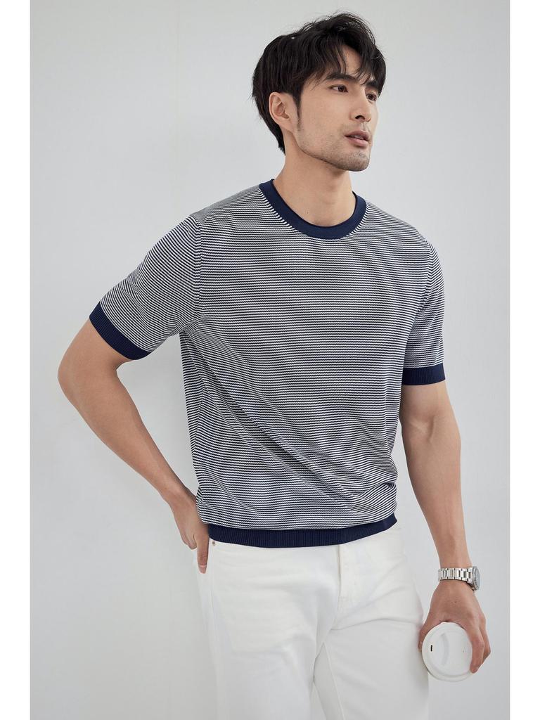 2024 Men's Striped Polo: Short-Sleeve, Versatile Round Neck Knit Shirt