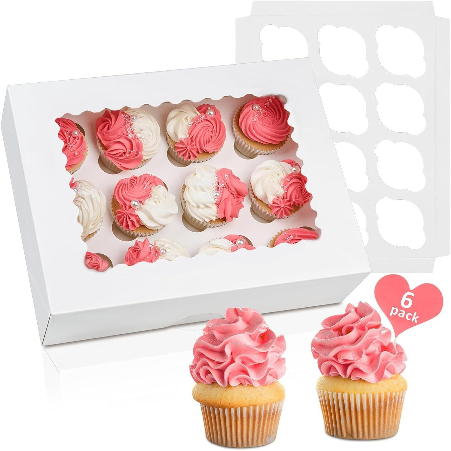 Paper Cake Boxes with Window,Cupcake Carrier with Adjustable Inserts,White Bakery Cake Box Holder Cupcake Containers for Cookies,Muffins,Pastries 12 Hole White