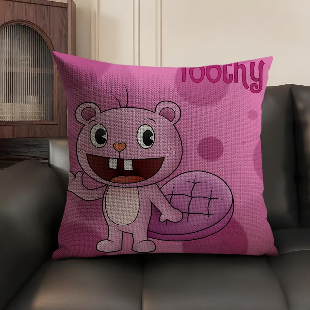 Cartoon Happy TTree Friends Cushion Cover Natural Linen Organic Fabric DoubleSided Printing Sofa Home Decor Gift Pillow Case