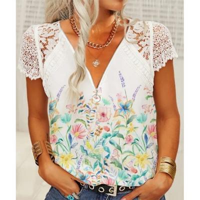 Printed Pattern Lace Pullover Shirts Female Hollow Short Sleeve Summer Women Blouse Loose V-Neck Casual Floral Tops Clothing 25949