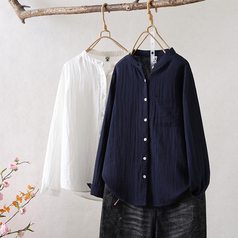 Women's Stand Collar Pure Cotton Shirt - Loose Double Layer Cotton Gauze