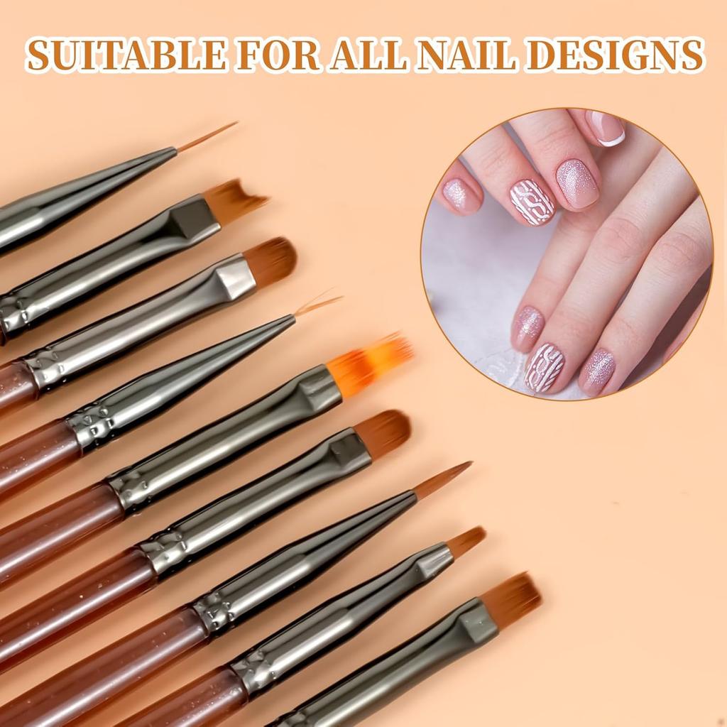 9pcs Nail Art Brush Professional Nail Design Brushes for Gel Polish Clean Up Brushes Nails Art Liner Brush Striping for Short Strokes, Details,