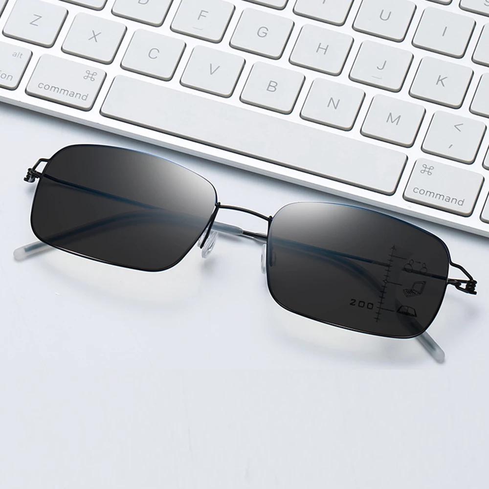 

Titanium Alloy No Screws Rectangle Handcrafted Photochromic Progressive Reading Sunglasses +0.75 To +4 See Near and Far +400 сірий