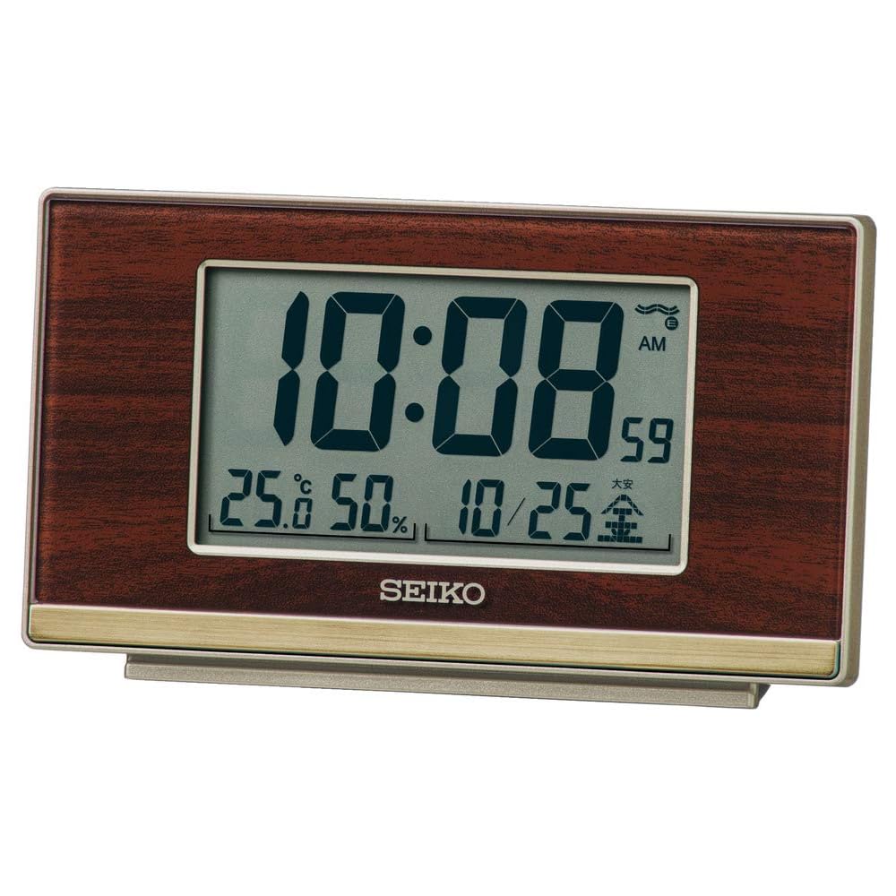 Seiko Clock Table Clock, Wood Grain Finish, Dimensions: 7.8 x 13.5 x 3.8 cm, Radio-Controlled Digital Alarm Clock with Step-Down Snooze Function, Mode