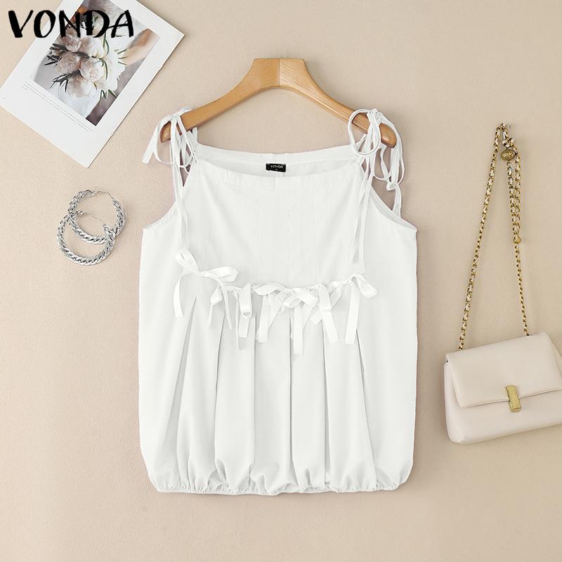 VONDA Women Summer Strap Sleeveless Bow Knot Pleated Casual Tank Tops