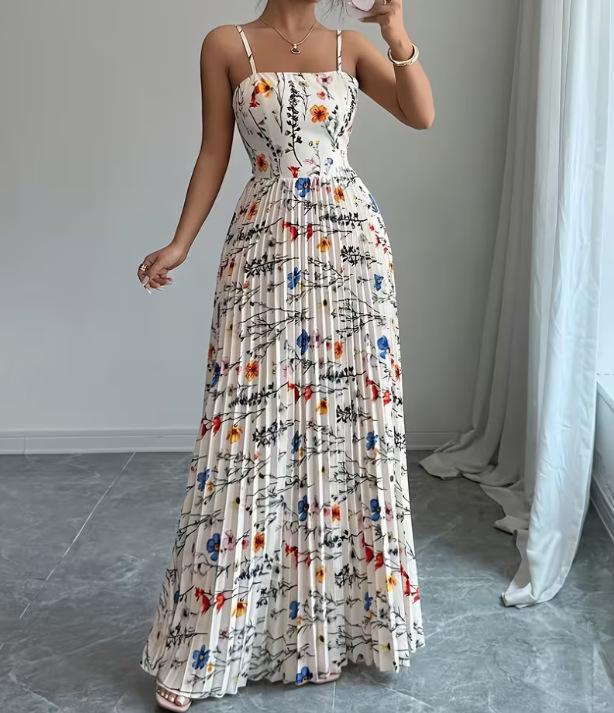 Elegant Floral Print Spaghetti Strap Long Dress - Summer Women's Fashion 2026