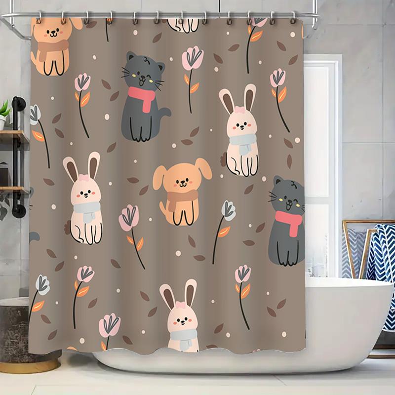 

Cute Animal Print Shower Curtain Cartoon Pet Pattern Waterproof Fabric Bath Decoration Set For Home Decor Gray Floral Design W60H190(CM)-1 Pcs