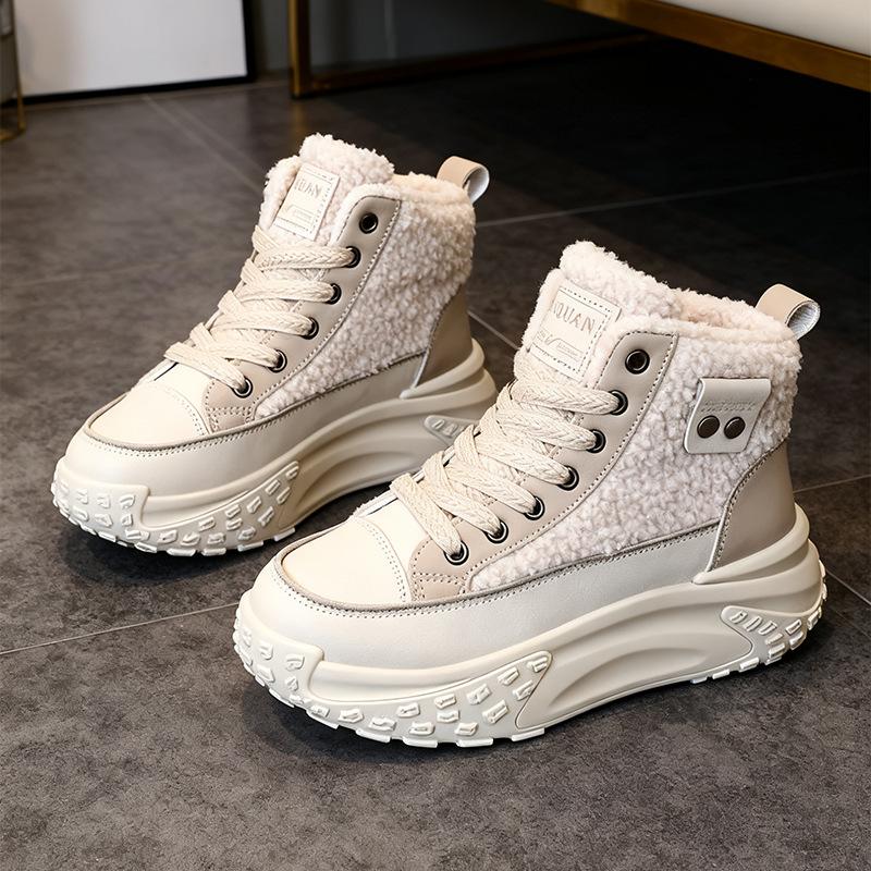 Dámské robustní sněhule na platformě Zimní zateplené kotníkové boty s podšívkou z umělé kožešiny Šněrovací Pohodlné protiskluzové PU kožené krátké boty Boty pro ženy