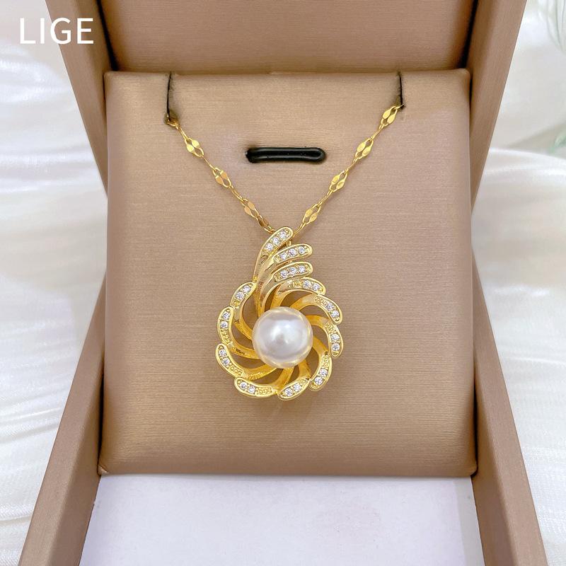 Peacock Open Screen Pearl Light Luxury Temperament Gorgeous Full Diamond Necklace Women'S Versatile Collarbone Chain Titanium Steel Chain