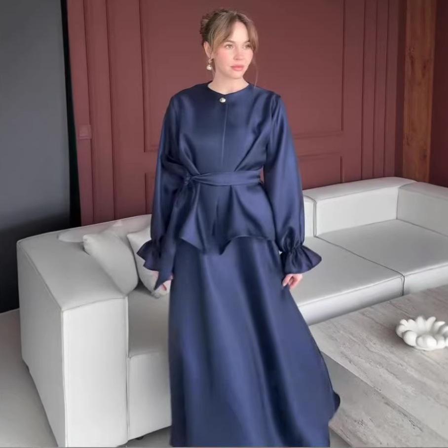 Cross-border European and American women's clothing Amazon sexy round neck satin lace-up long-sleeved French sweet straight skirt