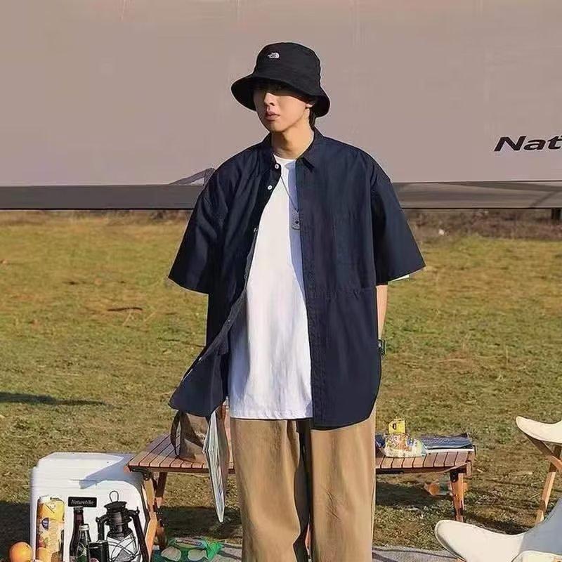 Japanese Style Solid Color Short Sleeve Shirt for Men and Women - Trendy, Loose, Casual Korean and Hong Kong Inspired Top (2025).