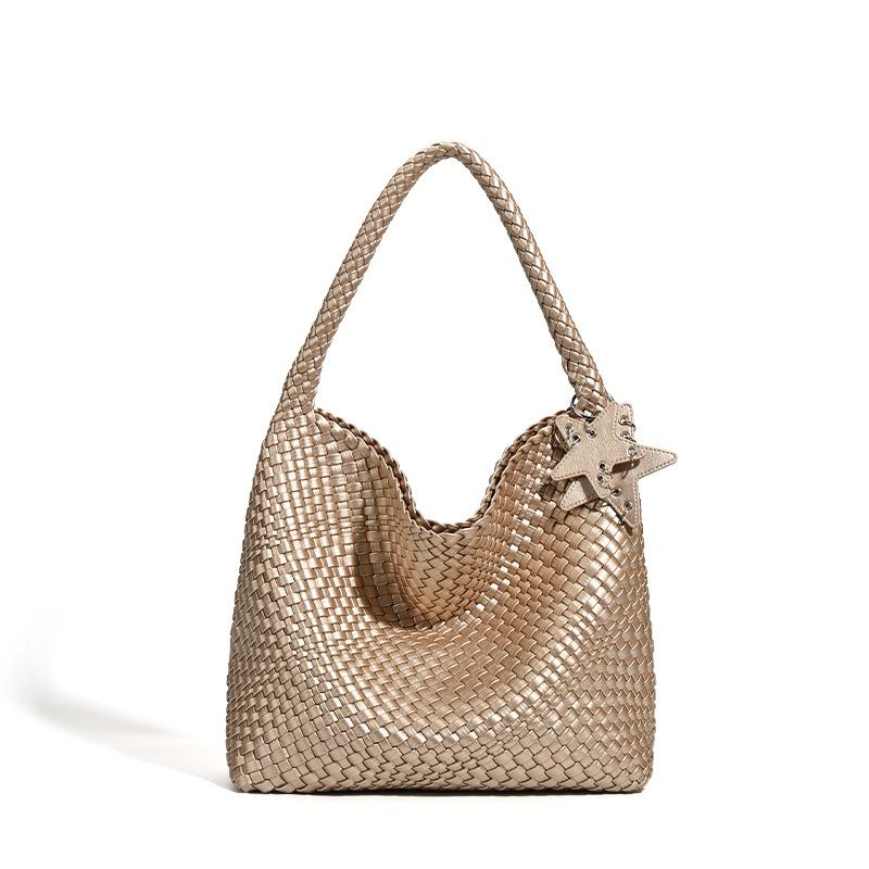 Premium original design summer champagne woven tote bag large capacity commuter shoulder bag women's fashion