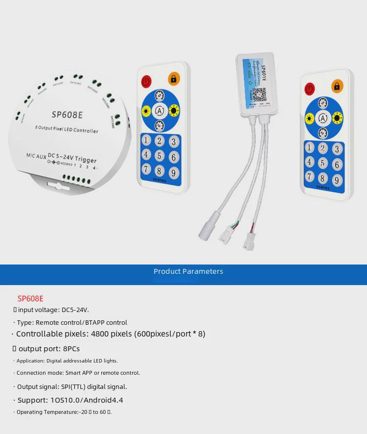 SP608E Mehrfarben-Lichtleisten-Controller: Bluetooth mit 8 unabhängigen Kanälen, kompatibel mit mobiler App, intelligente Fernbedienung.