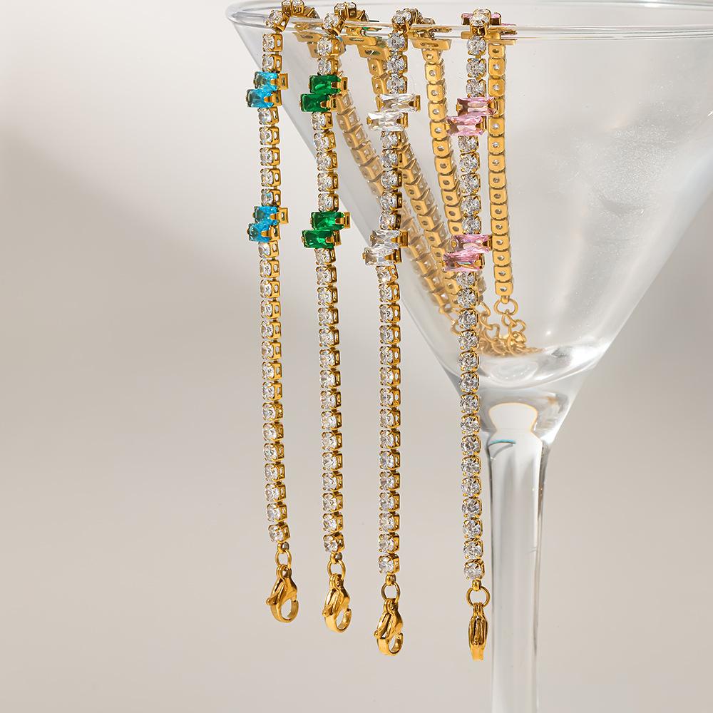 Vibrant Multicolor Baguette Zircon Tennis Bracelet Gold Plated Stainless Steel Chain Women Sparkling Bracelet
