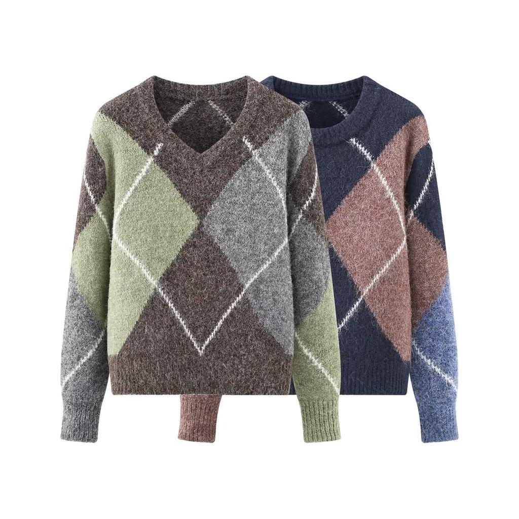 European and American style, new women's clothing, foreign style, fashionable, casual fashion long-sleeved rhombus knitted sweater