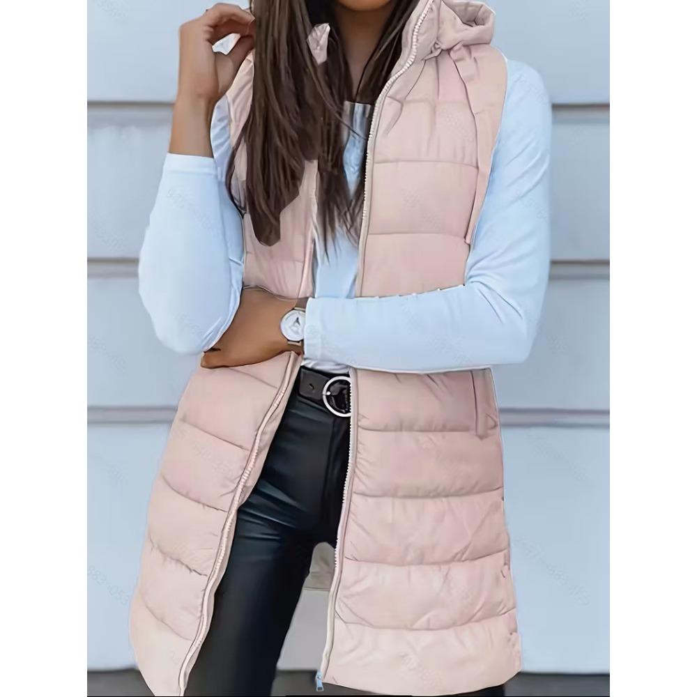 Autumn Winter Solid Color Hooded Zip Cotton Vest Women Mid-Length Plus Size Padded Gilet Coat