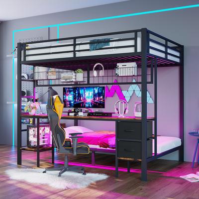 Loft Bed, 90*200 and 140*200, Iron Frame, Drawers, Shelves, Grid for Hanging Items, Desk, with 7-color LED Strip, USB Port, Without Mattress, Black