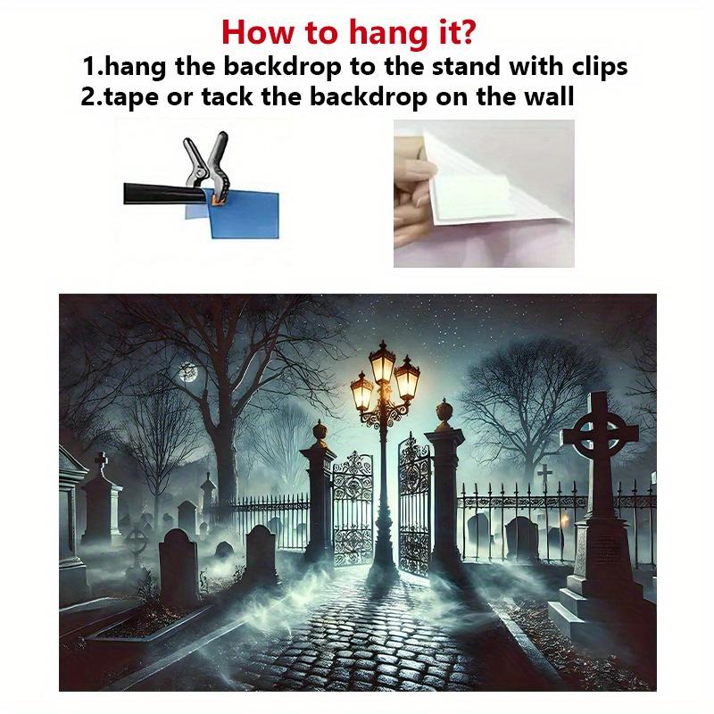 1 Piece of 2D Flat Banner - Cemetery Mist Polyester Background Fabric - Scenery of the Sepoos Cemetery and Gothic Gate