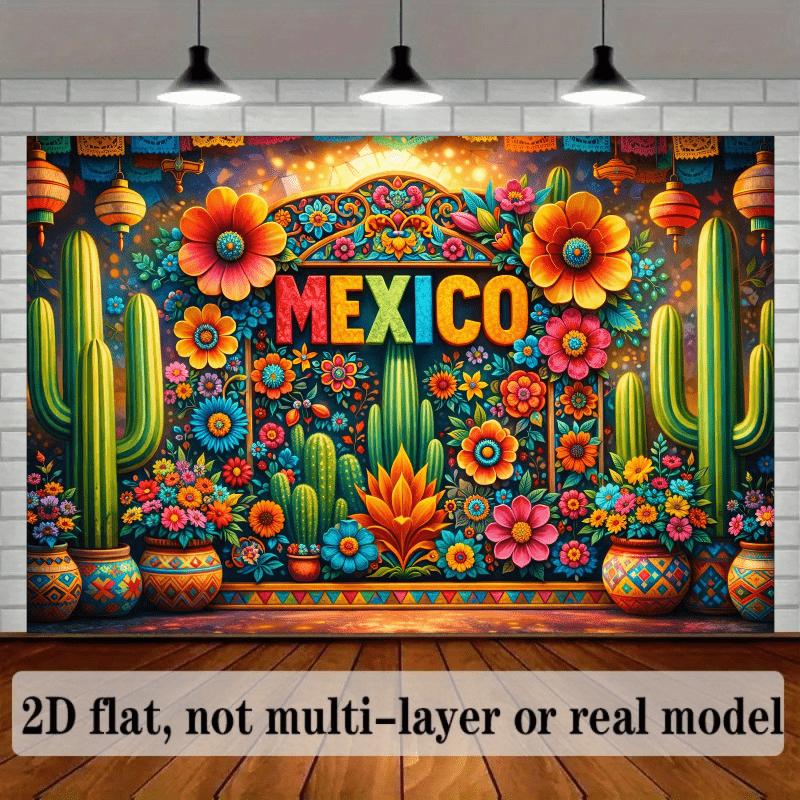2D planar Mexican-style background fabric with colorful arches, cacti, skull decorations, lanterns and colorful flowers