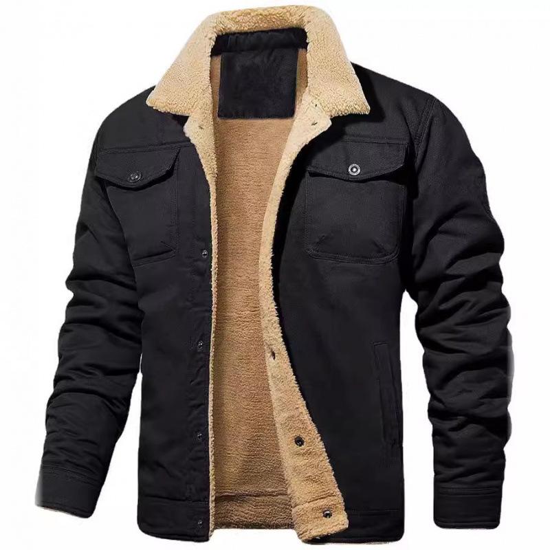Winter Men s Casual Jacket, Casual Warm Fleece Solid Color Coat, Men s Flap Pilot Jacket, Outdoor Windbreaker Coat S чёрный