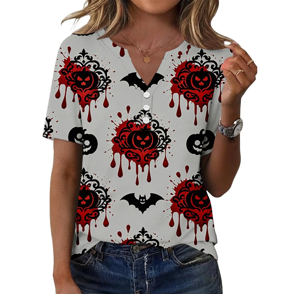 Women's Casual Short Sleeve V Neck Henley Shirt Button Front Halloween Print Lightweight Top for Everyday Wear