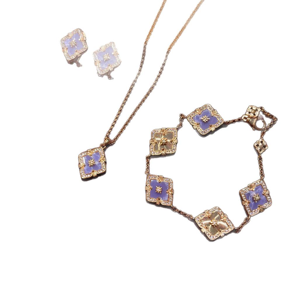 French Retro Raspuche Four-Leaf Clover Blue-Purple Suit, Bracelet Necklace, Earrings, Court Style, Light Luxury And Versatile.