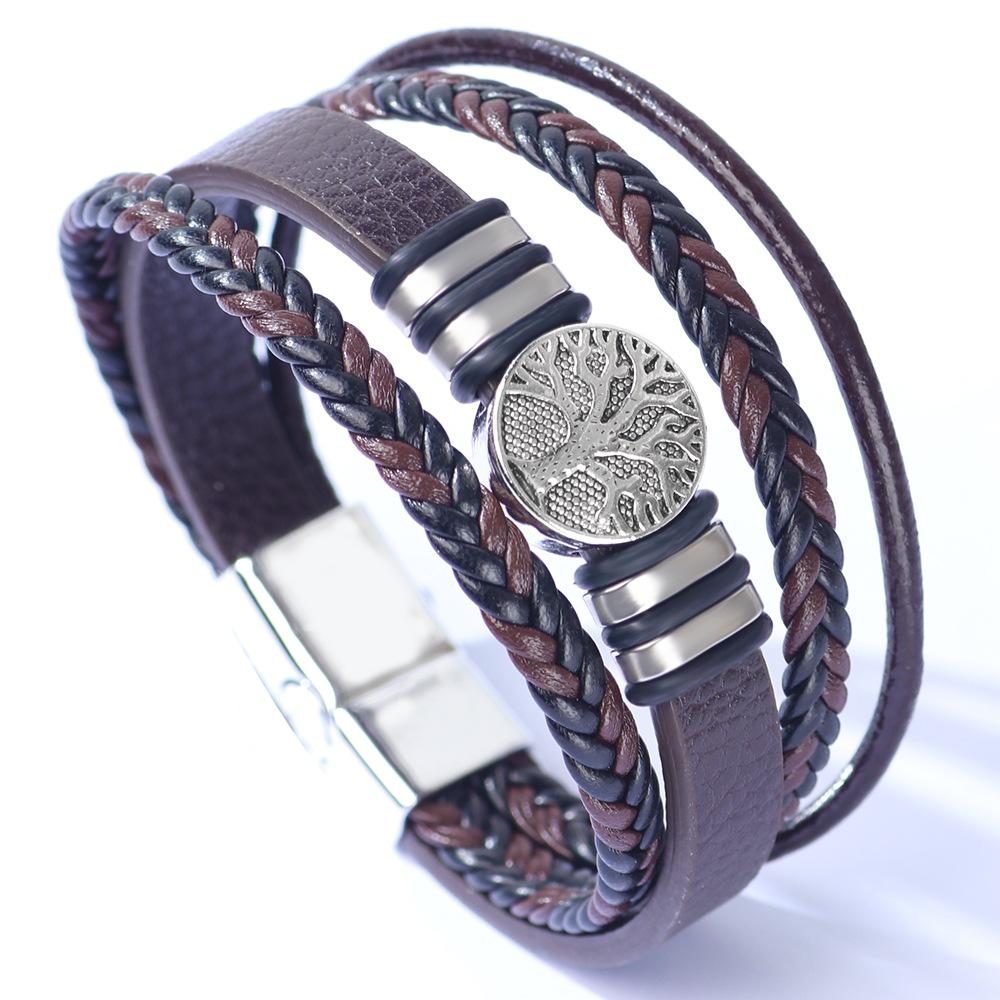 JMXD Leather Bracelet Tree of Life Stainless Steel Oval Ring Woven Braided Strap Fashion Accessory Unisex Gift