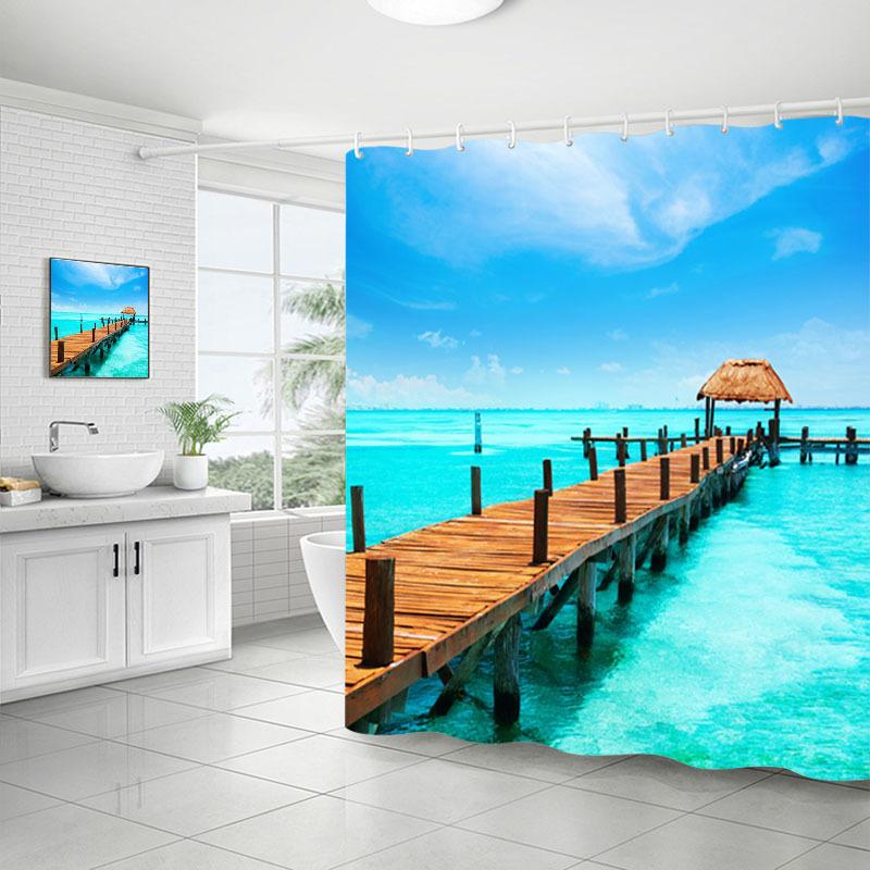 Shower Curtain Bathroom Fabric Non-Punching Beach Natural Scenery Digital Printing Shower Curtain With 12 Hooks