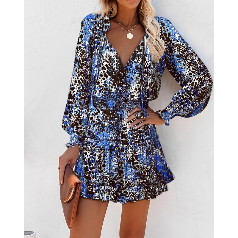 Women's Leopard Print V Neck Long Sleeve Mini Dress Smocked Waist Ruffle Hem Casual Party Dress