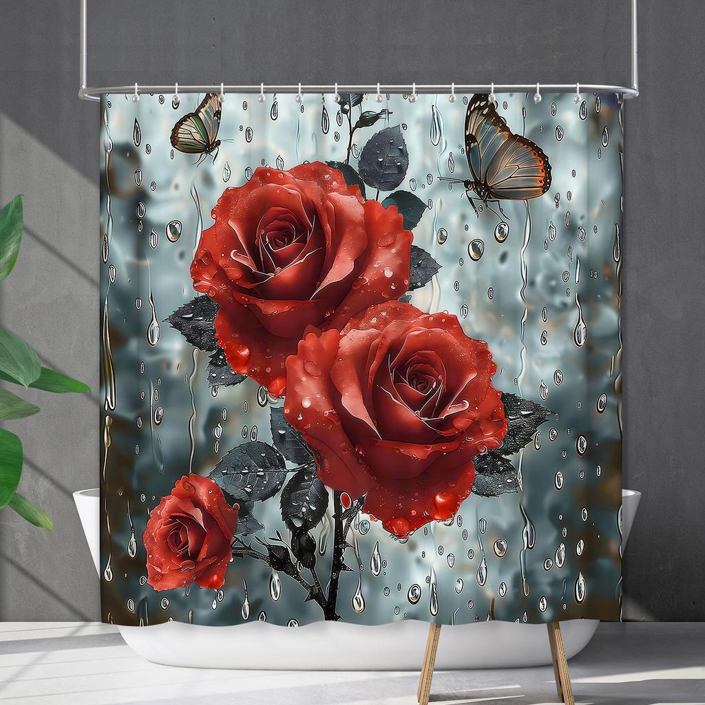 Bathroom Curtain Waterproof Shower Curtain Digital Printing Water Droplets Plant Diffuse Non-Punching Toilet Partition Curtain Shower Cloth