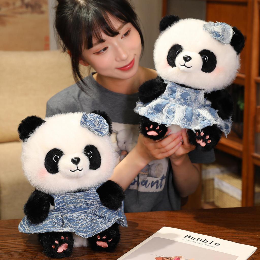 Cute Cute Denim Skirt Panda Doll Plush Toy Zoo Black And White Panda Doll Children'S Doll Doll