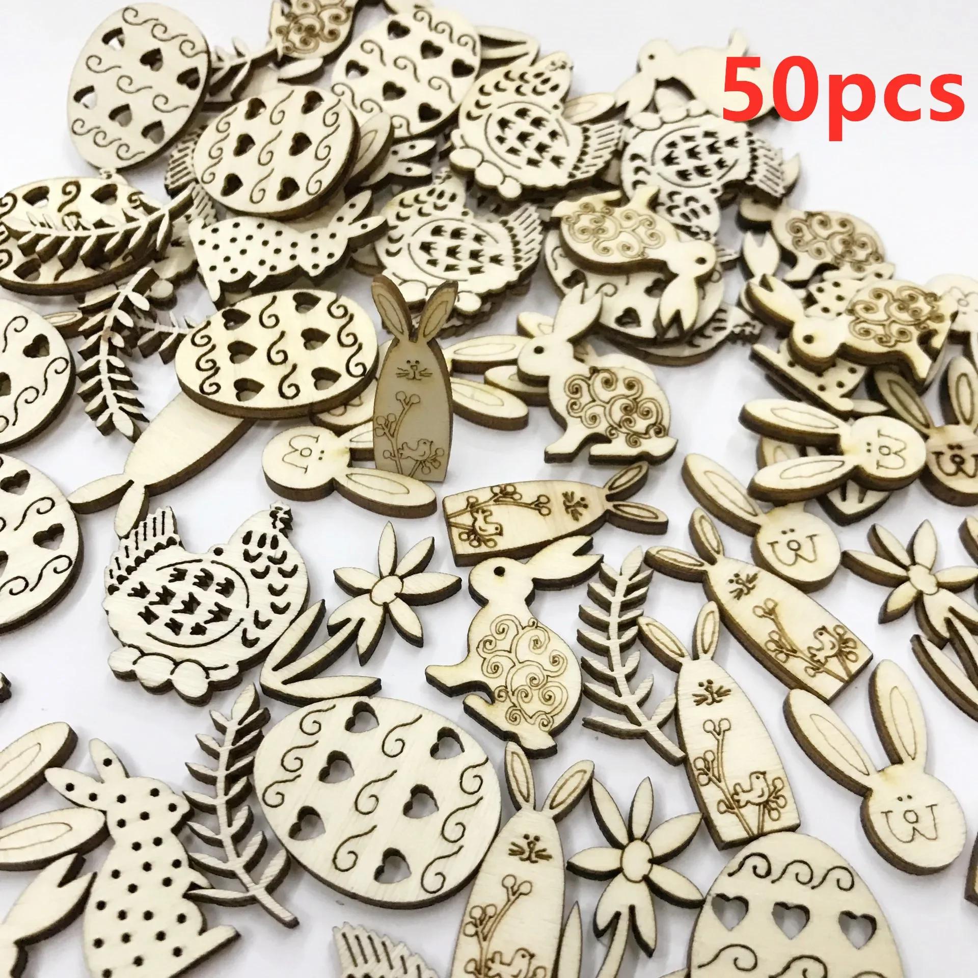

Hot Sale 50pcs Mix Shape Easter Wooden Wood Hanging Pendant Party Supplies Craft DIY Ornament Hanging Tag Happy Easter Decor