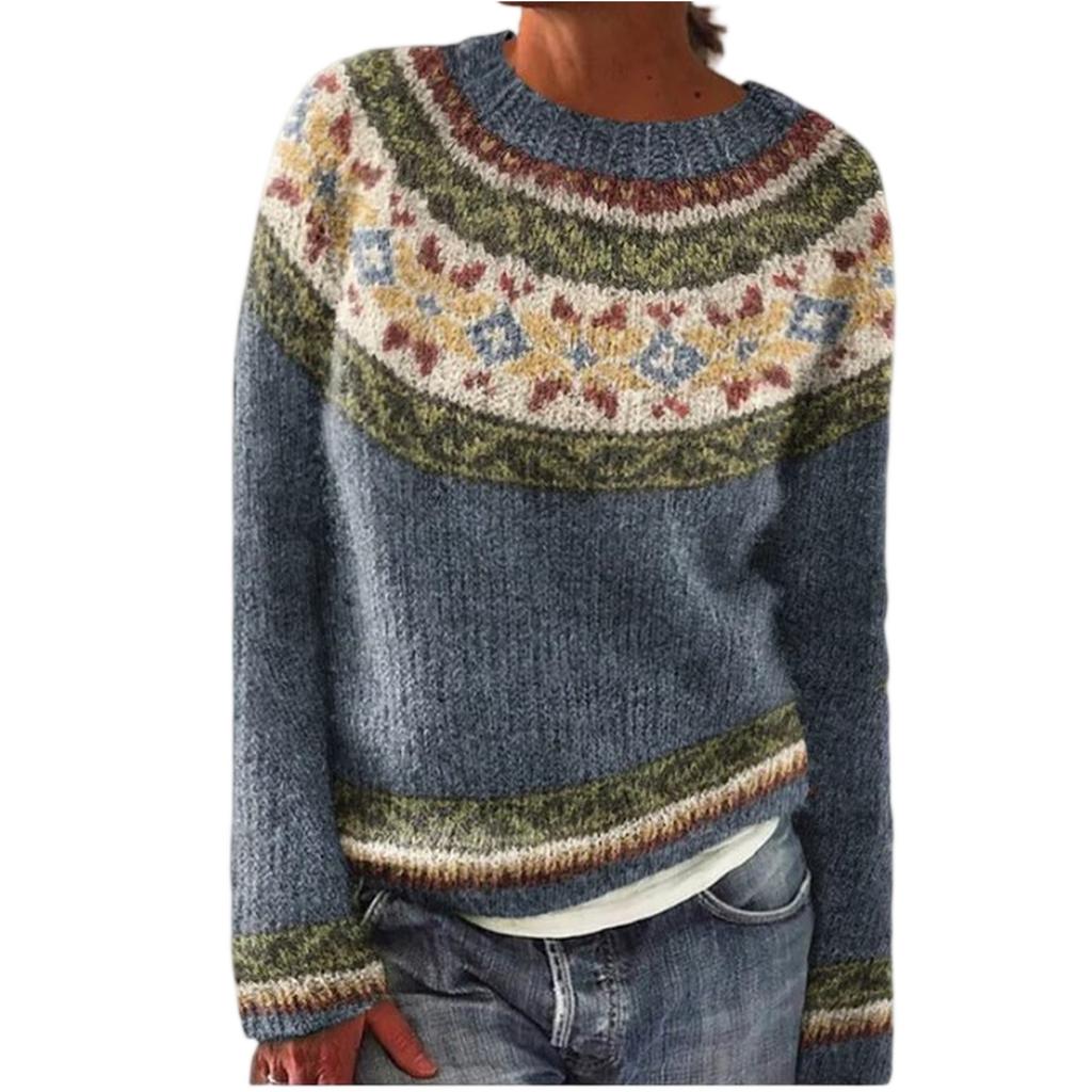 Ladies' Fashion Sweater, Round Neck, Color-block, Loose Pullover Long-sleeved Knitted Shirt Top