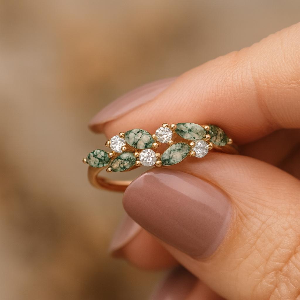 Wedding Engagement Anniversary Promise Gift – Natural Moss Agate Ring, Yellow Gold Plated Nature Inspired Green Gemstone Bridal Jewelry