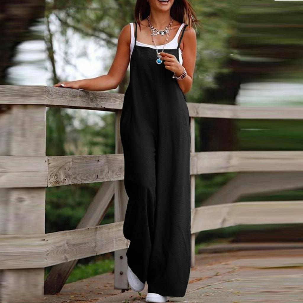 Women's Fashion Casual Cotton And Linen Adjustable Suspender Jumpsuit Pants Solid Color Leg Split Jumpsuit