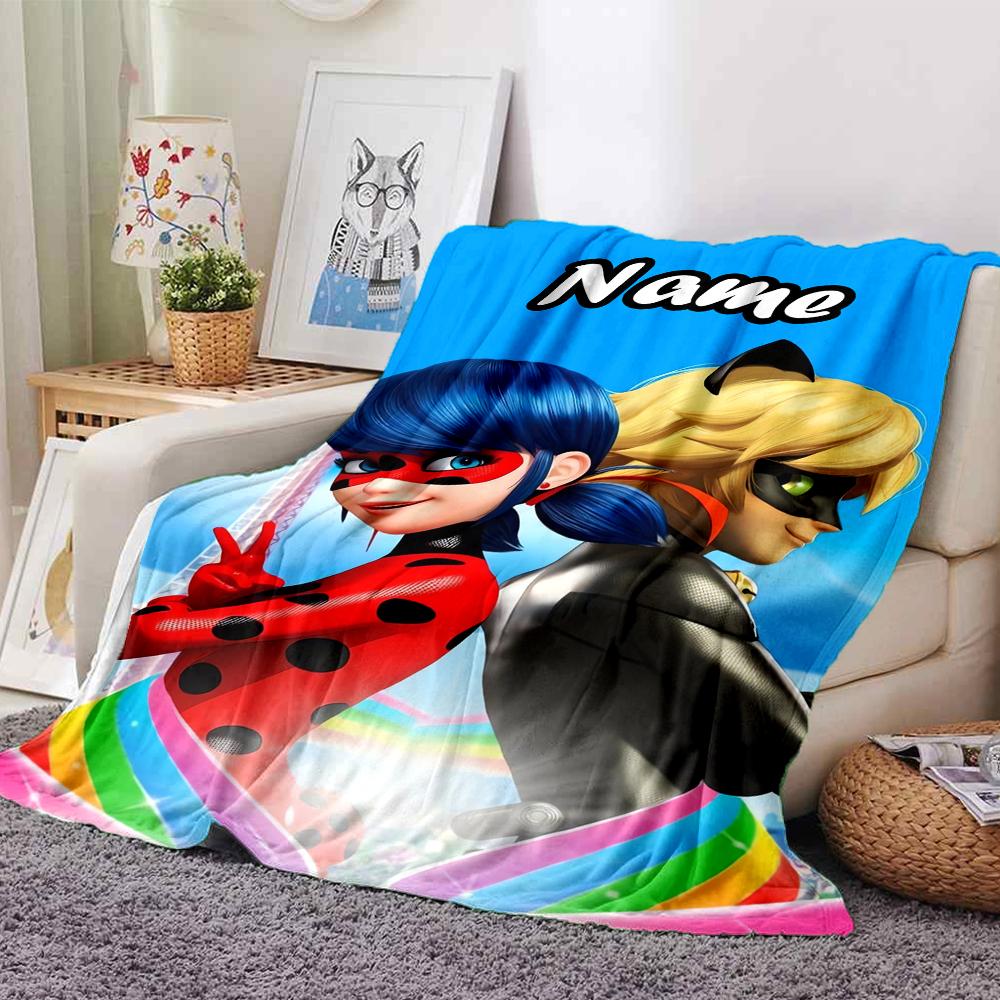 Custom Name Miraculous Tales of Ladybug Cat Noir Theme Printed Blanket - Perfect for Couch, Bed, Travel & Outdoor Use | Machine Washable, Cozy & Durab