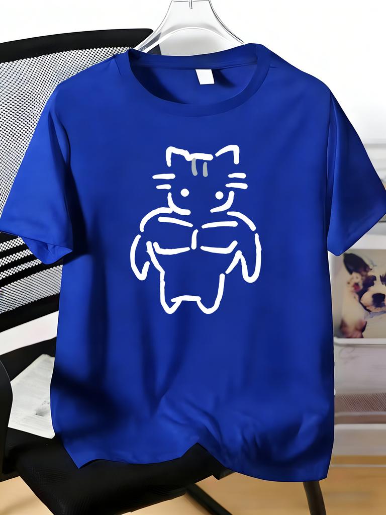 Male Navy Crew Neck Tee Funny Muscular Cat Line Art Print Light Short Sleeve Daily Street Casual Top For Gym And Pet Loving Guys