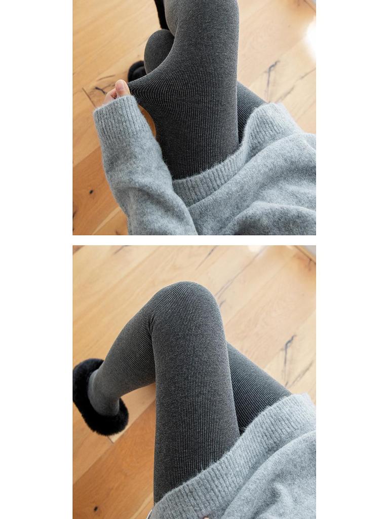 Extra Long Smoke Grey Fleece-Lined Micro Compression Vertical Stripe Women's Pantyhose Socks