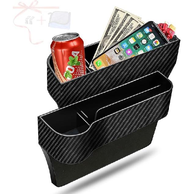 Car Seat Gap Filler Organizer, 2 Pack Multifunctional Car Seat Organizer, Auto Console Side Storage Box with Cup Holders 2 Seat Hooks for Drink, Car