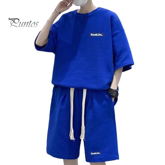 Męskie Komplety Dwuczęściowe Casualowy Dres Szorty Set Lato Oversize Krótki Rękaw Dres Sportowy Set Tkanina o Strukturze Waflowej Odzież Domowa Pasujący Garnitur